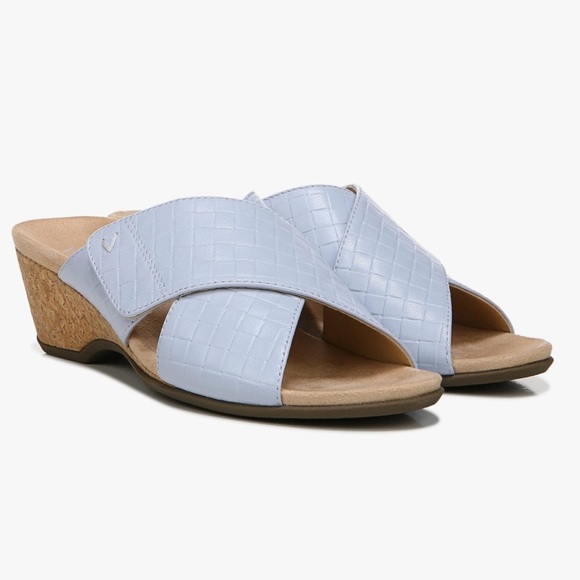 Vionic Shoes - NIB Vionic Leticia Leather & Jute Wedge Slide Sandals Blue